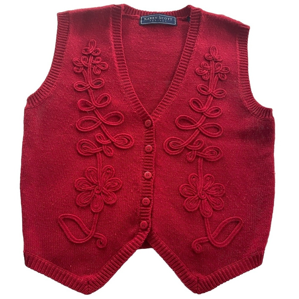 Karen Scott Petite Small Wool Blend Red Embroidered Button Up Vest Holiday